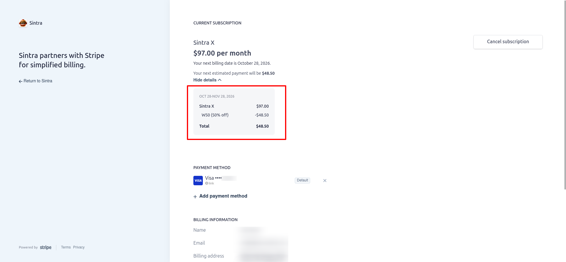 Billing details showing the W50 50% discount reducing $97 to $48.50.
