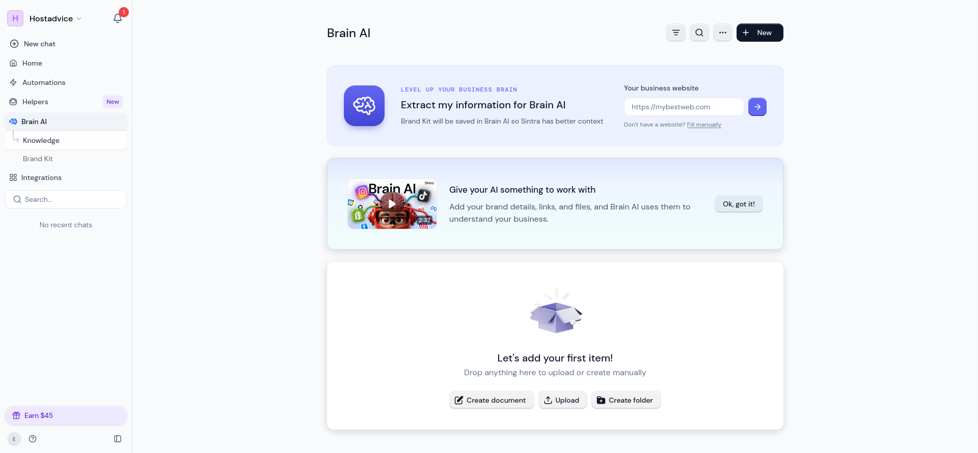 Empty Brain AI workspace showing website extraction, manual entry, upload, document, and folder options.