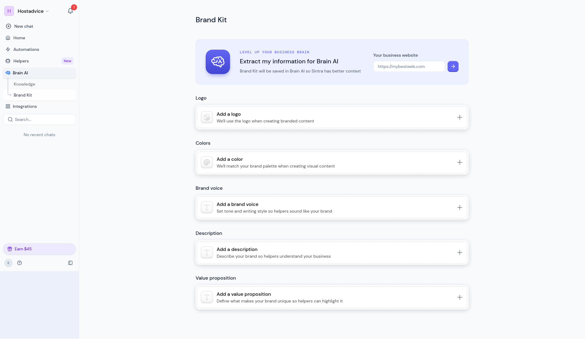 Manual Brand Kit screen showing logo, colors, voice, description, and value proposition fields.