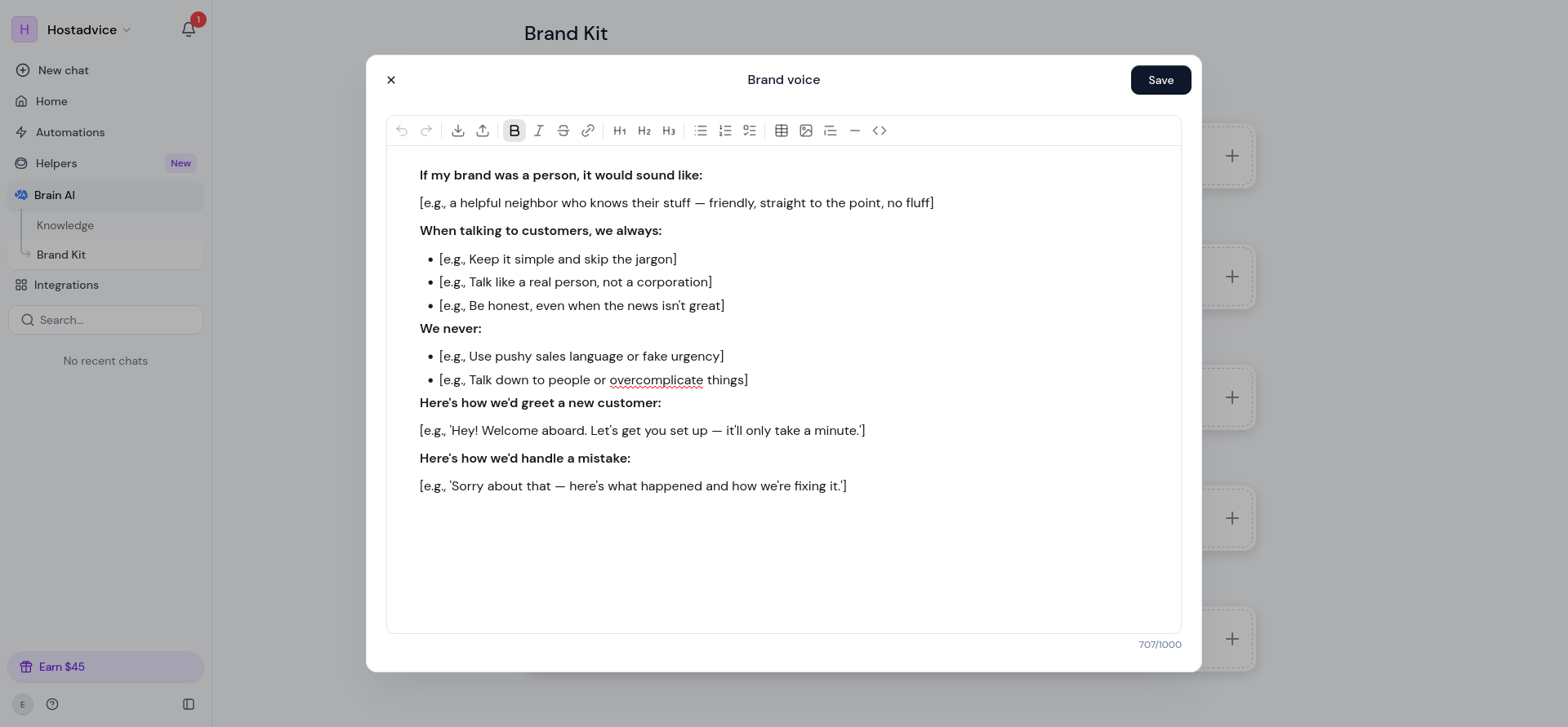 Brand Voice template prompting for tone, preferred behavior, prohibited language, and examples.
