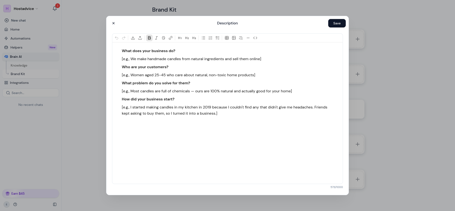 Description template asking for business purpose, customers, problem solved, and origin story.