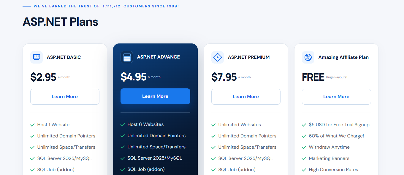 SmarterASP.NET hosting plans comparison and Learn More options