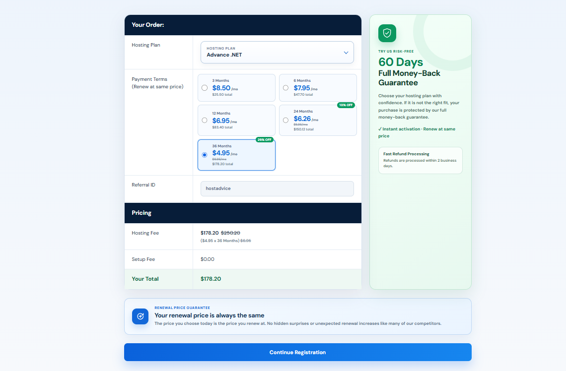 SmarterASP.NET hosting plan selection and billing term options