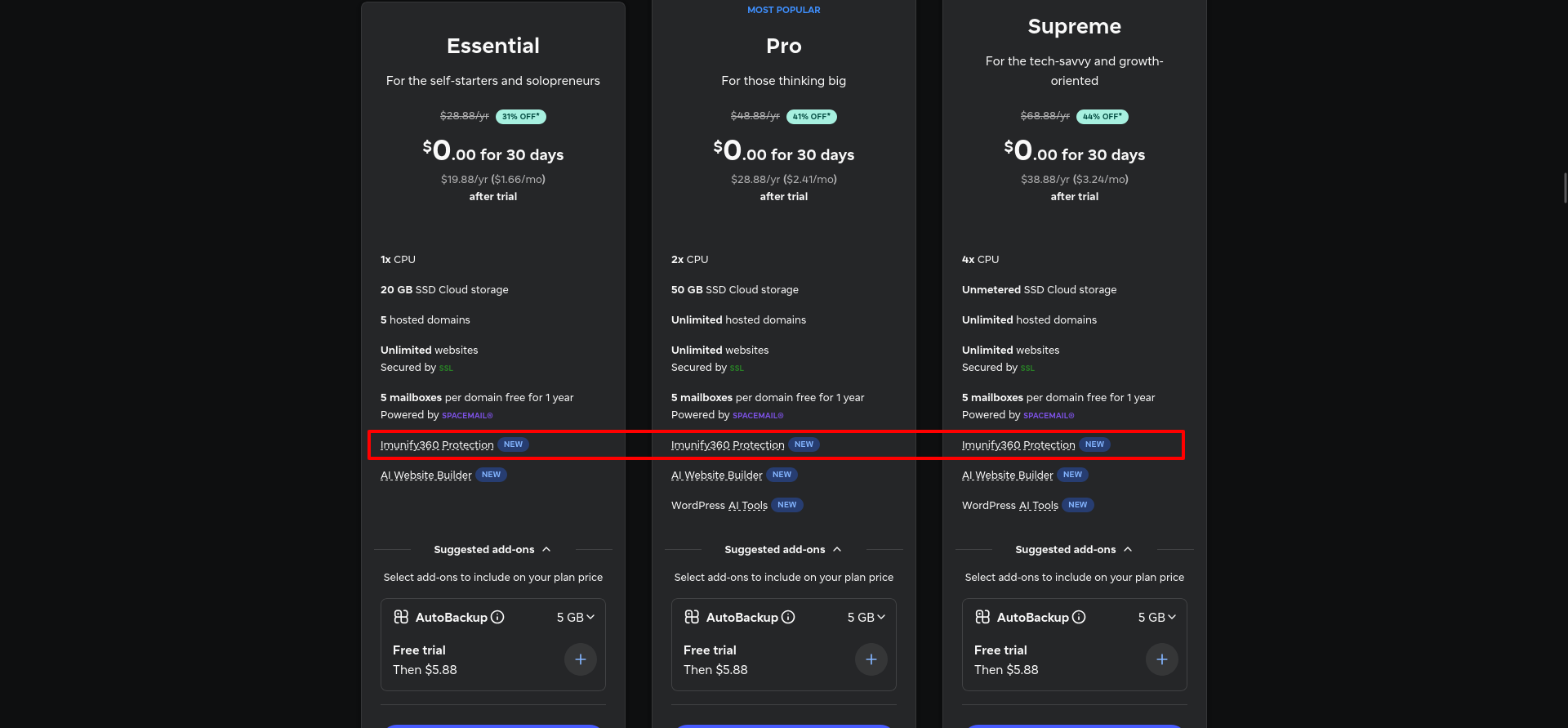 Spaceship shared-hosting product description of Imunify360 and security protection.