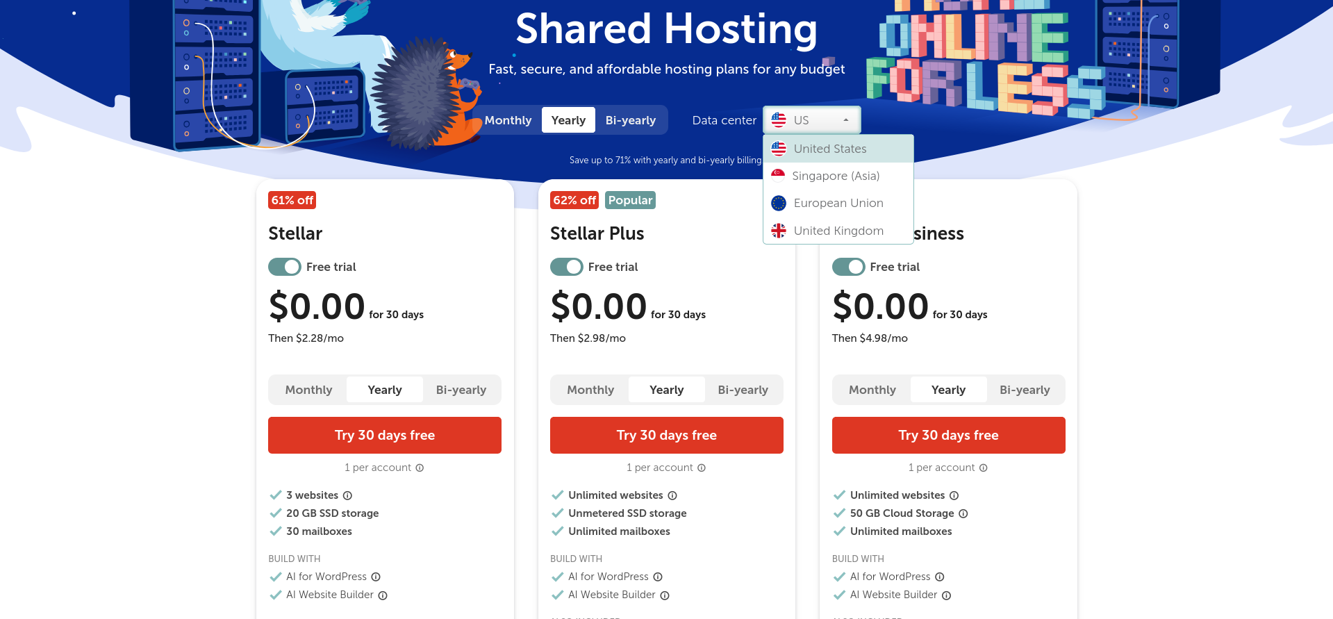 Namecheap shared-hosting plan comparison showing Stellar, Stellar Plus, and Stellar Business.