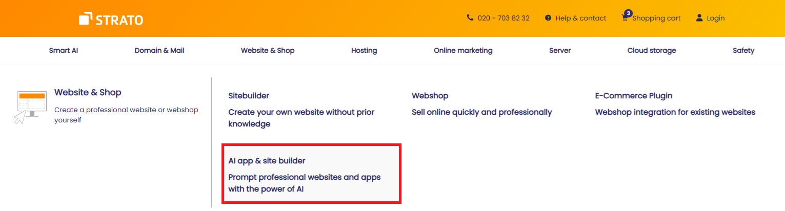Strato Website and Shop menu showing AI App and Site Builder section
