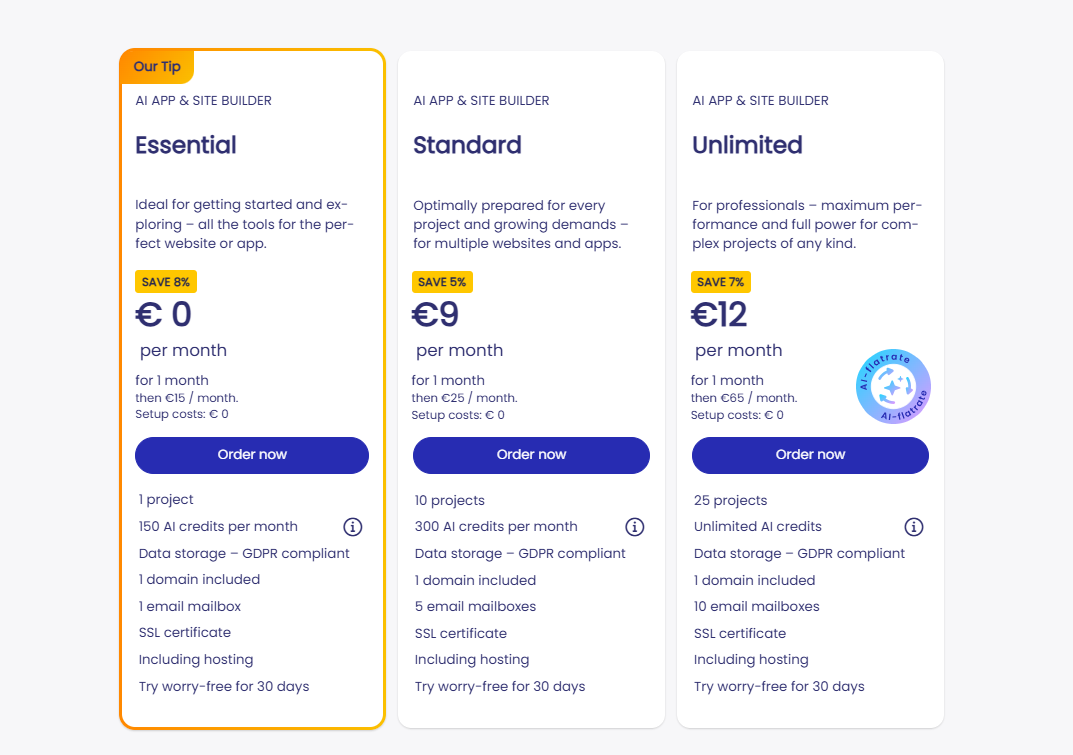 Strato AI App and Site Builder Essential Standard and Unlimited subscription plans