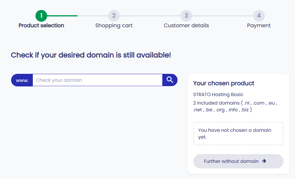Strato domain availability search and Continue without domain option