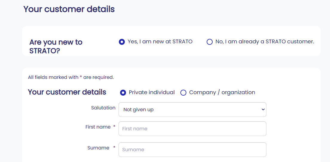 Strato customer details form with private and business purposes options