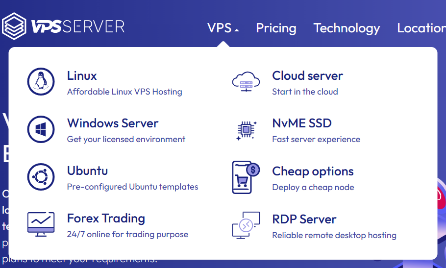 VPSserver website VPS hosting options and navigation menu