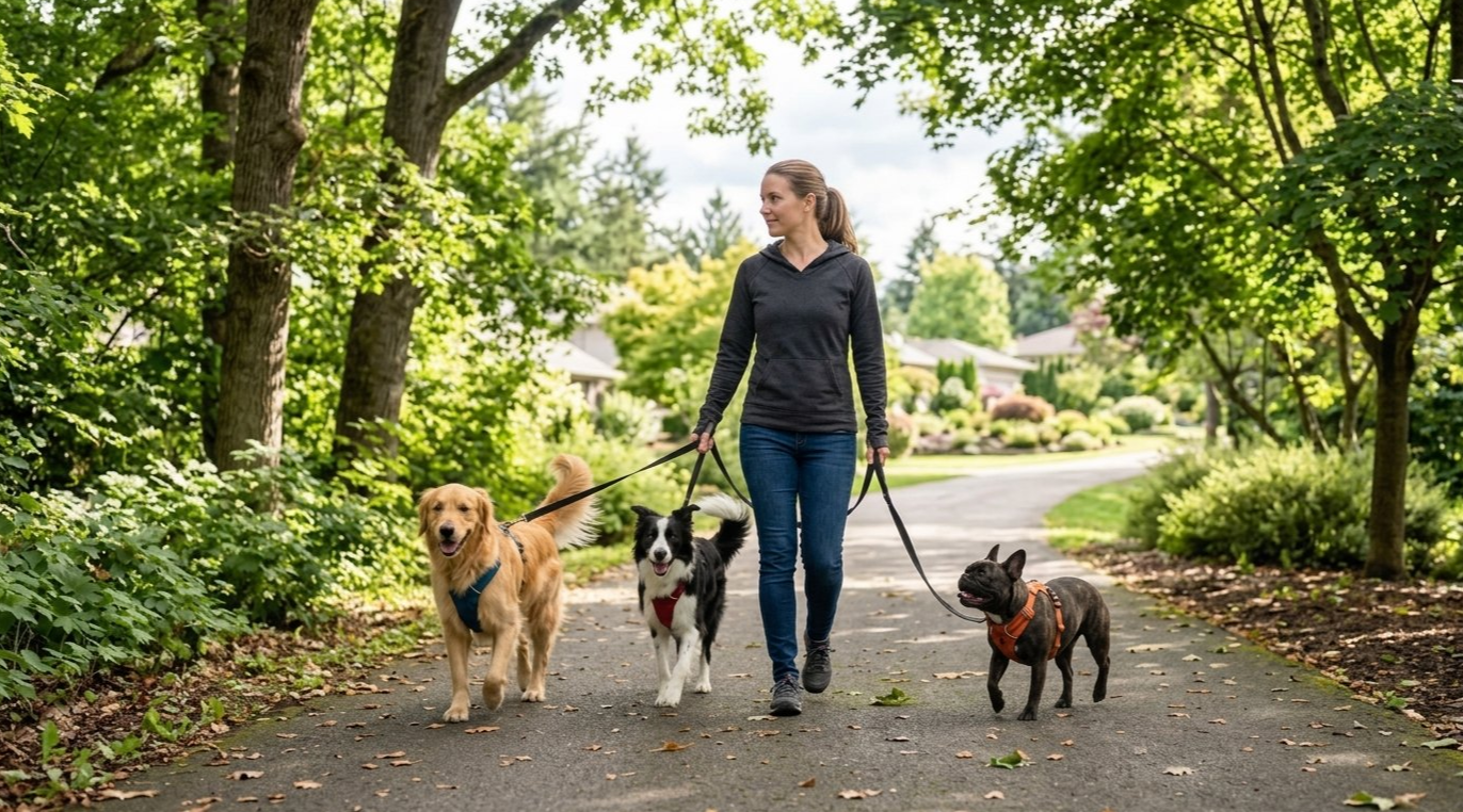 woman with a 3 dogs on a leash