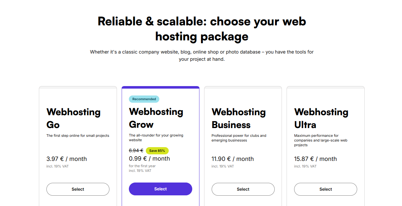 World4You Webhosting Go, Grow, and Business hosting plans with pricing and discounts