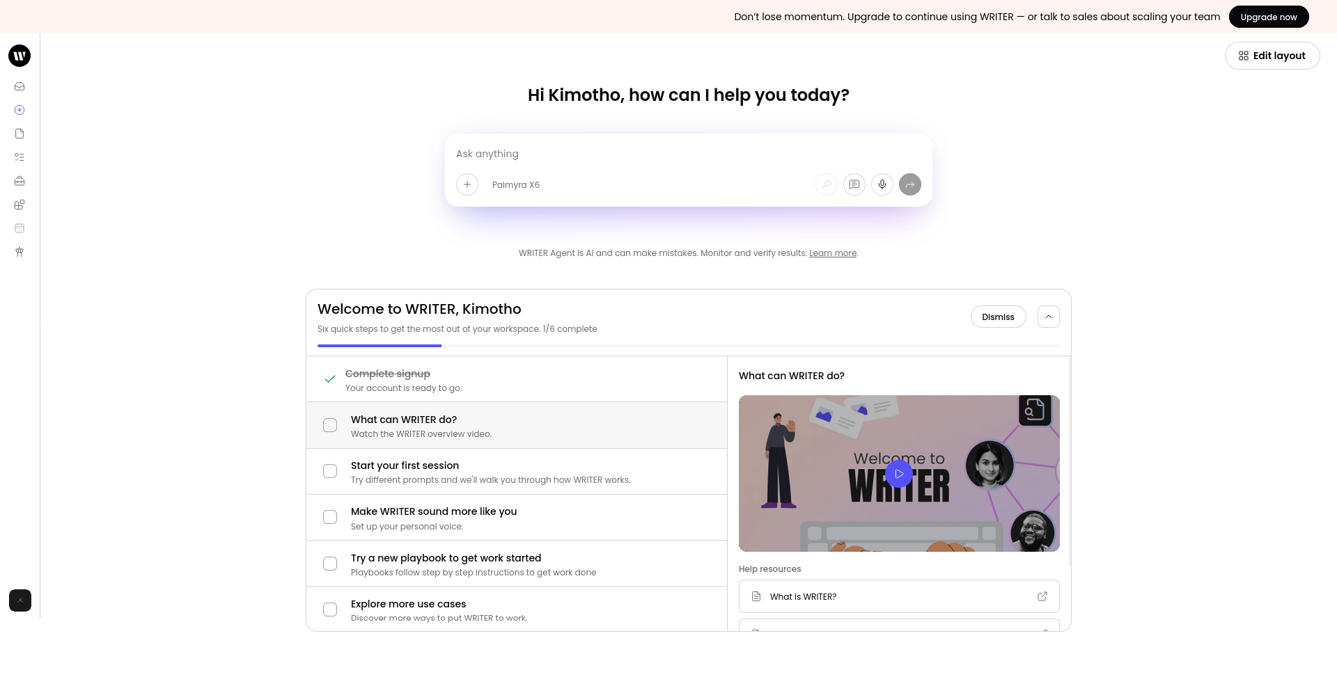 WRITER onboarding screen shown immediately after creating the Starter trial account.
