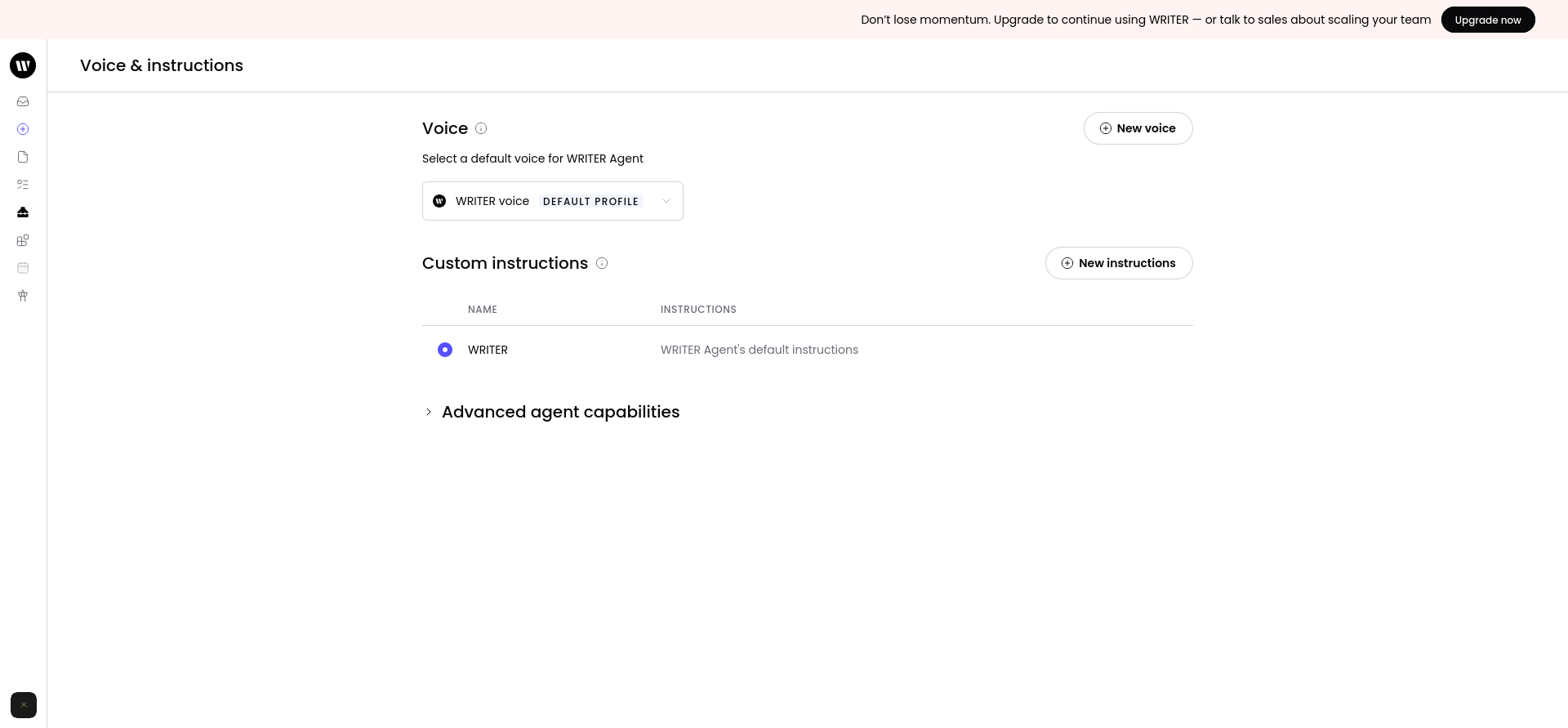 WRITER Agent controls showing Voice and custom instructions available in the same workspace.