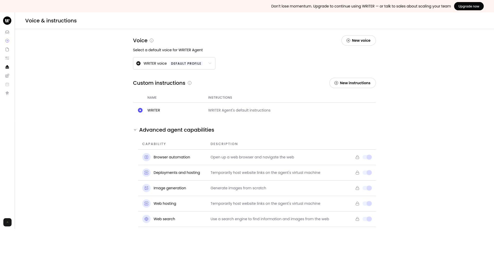 WRITER advanced Agent capabilities expanded to show the controls available in the Starter workspace.