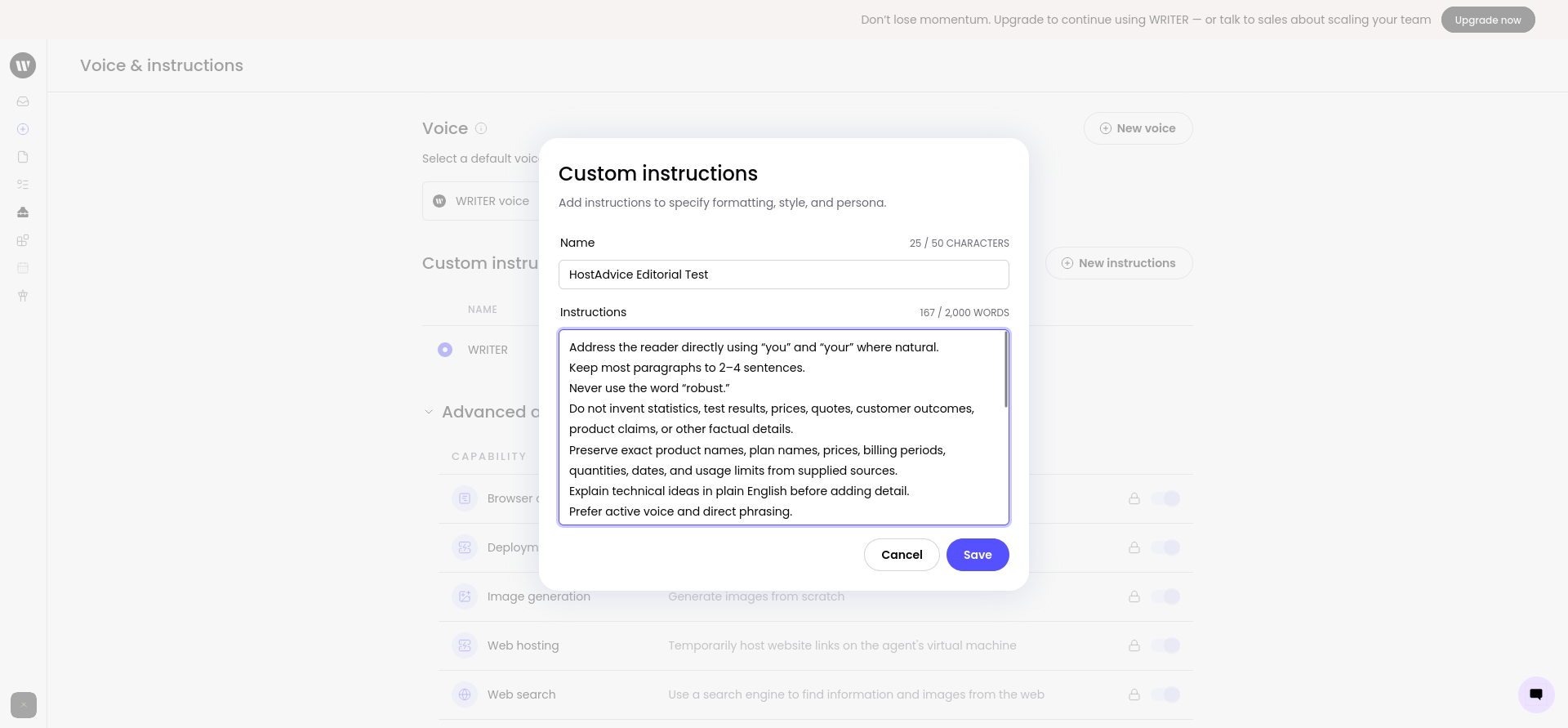 HostAdvice Editorial Test custom instructions immediately after creation in WRITER.