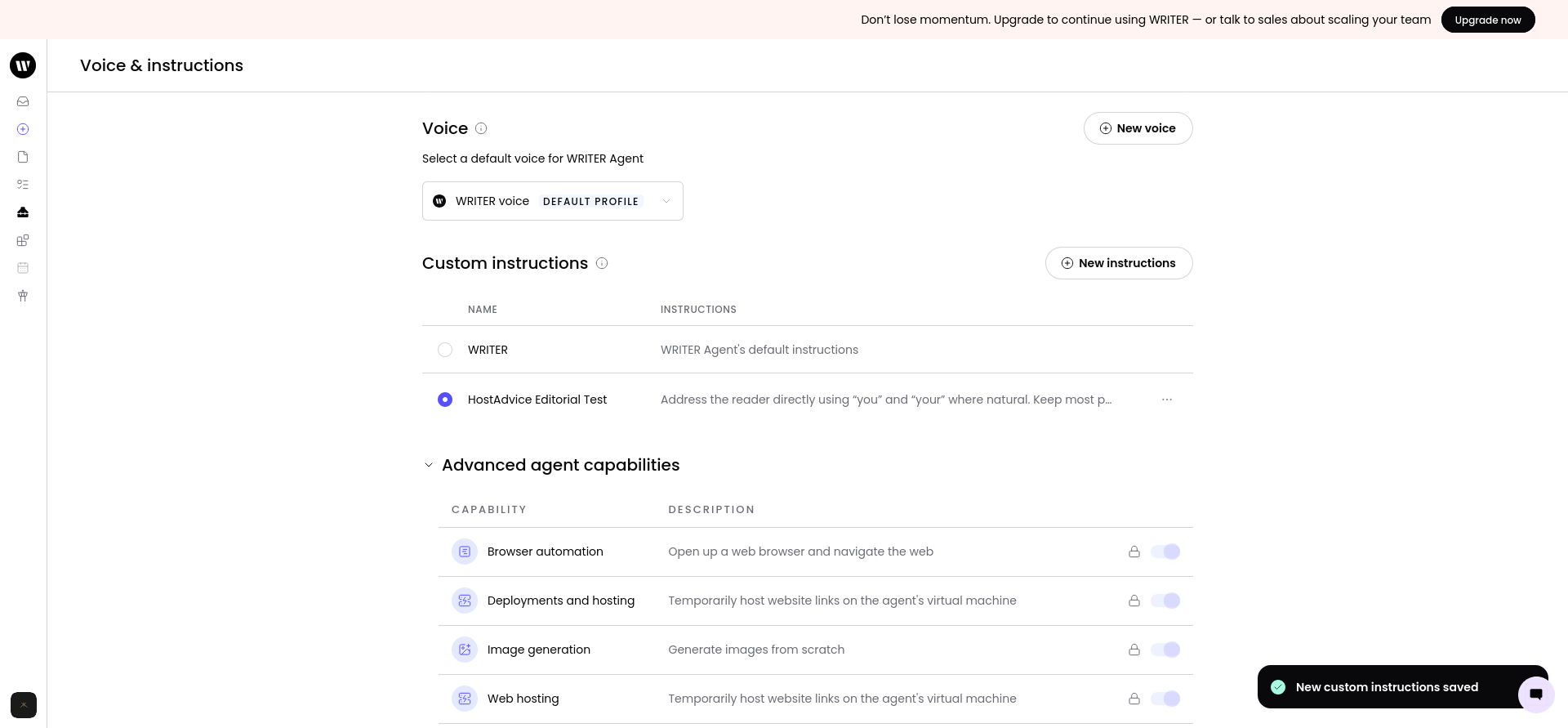 HostAdvice Editorial Test custom instructions shown as active before the scored writing tests.