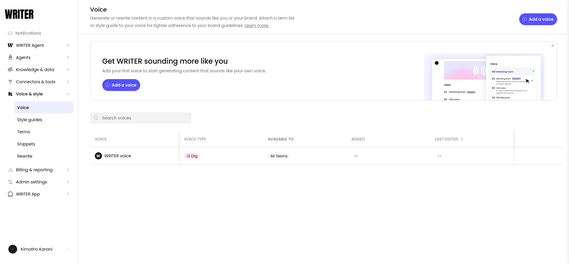WRITER Voice page opened before creating the HostAdvice Review Voice.
