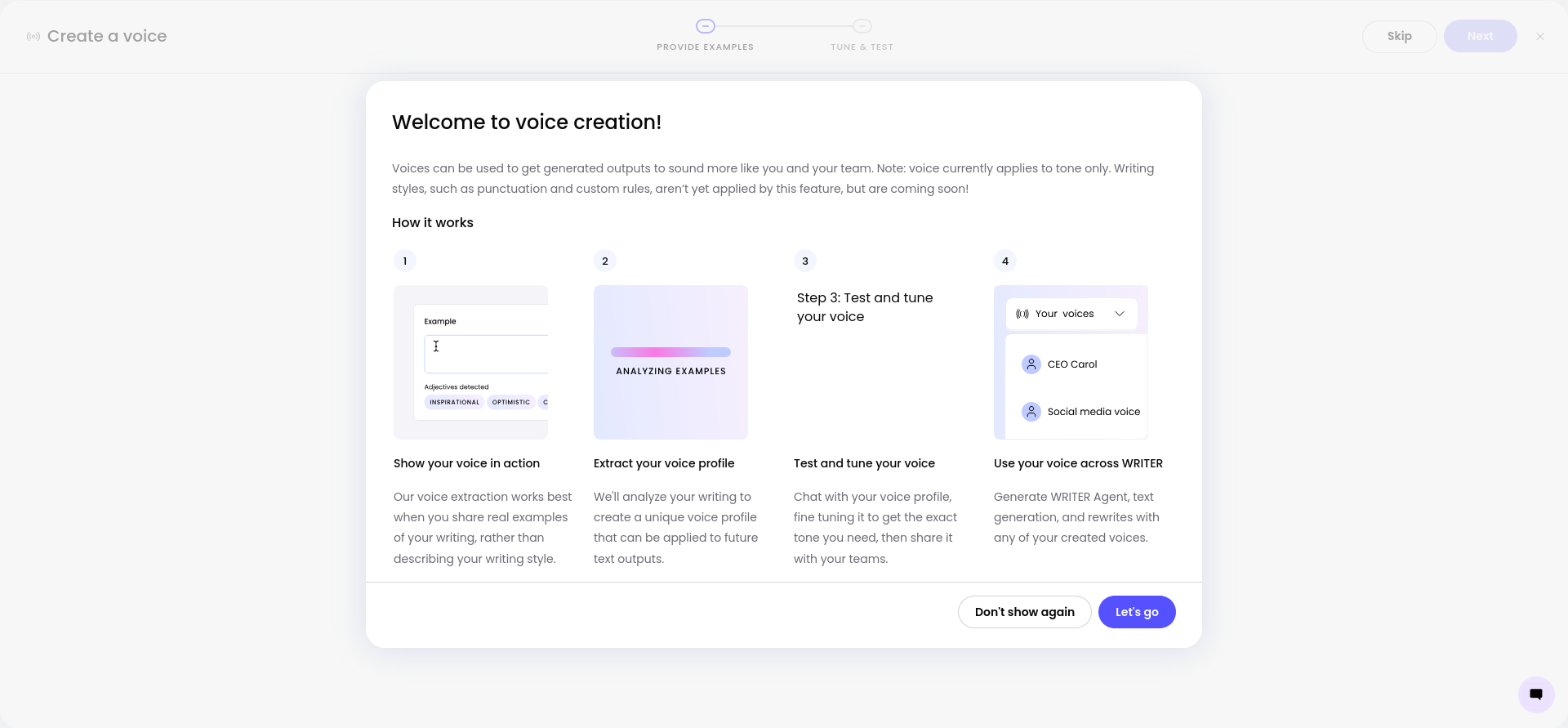 WRITER Voice creation workflow showing the setup options for building a reusable writing Voice.