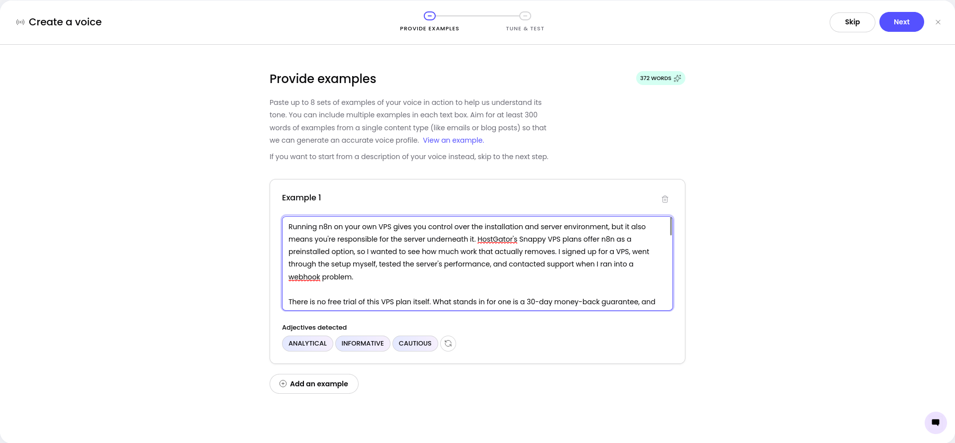 WRITER Voice setup prompting me to provide approved writing examples.