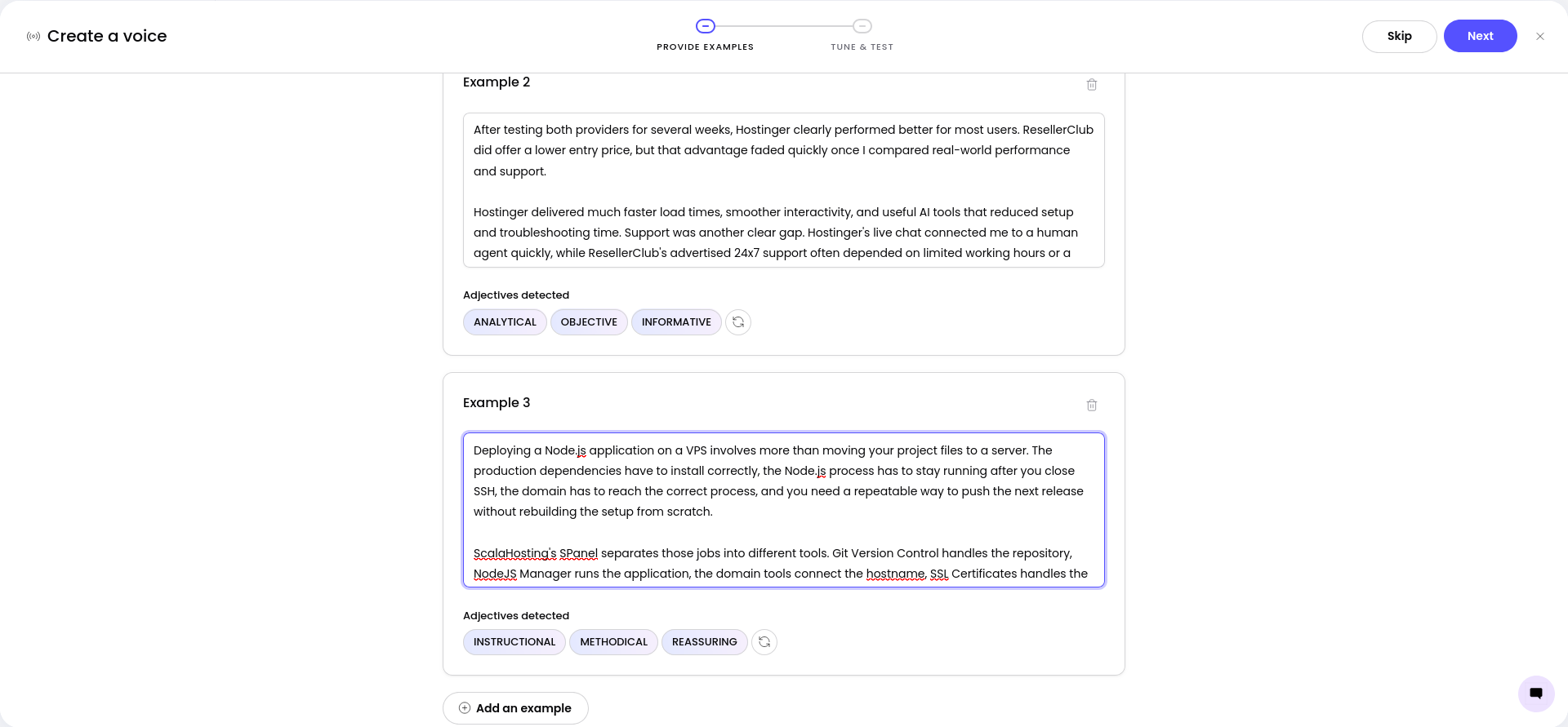 WRITER Voice setup after detecting the second and third approved writing examples.