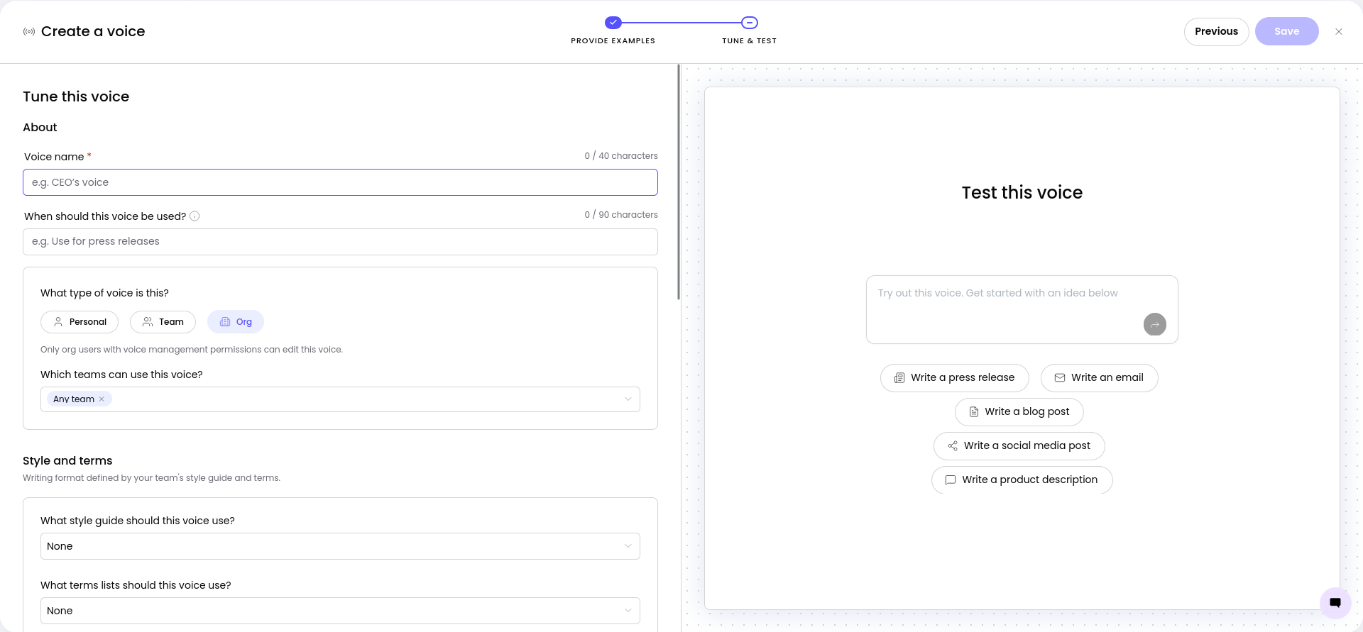 WRITER Voice tuning screen used before the formal brand-consistency test.