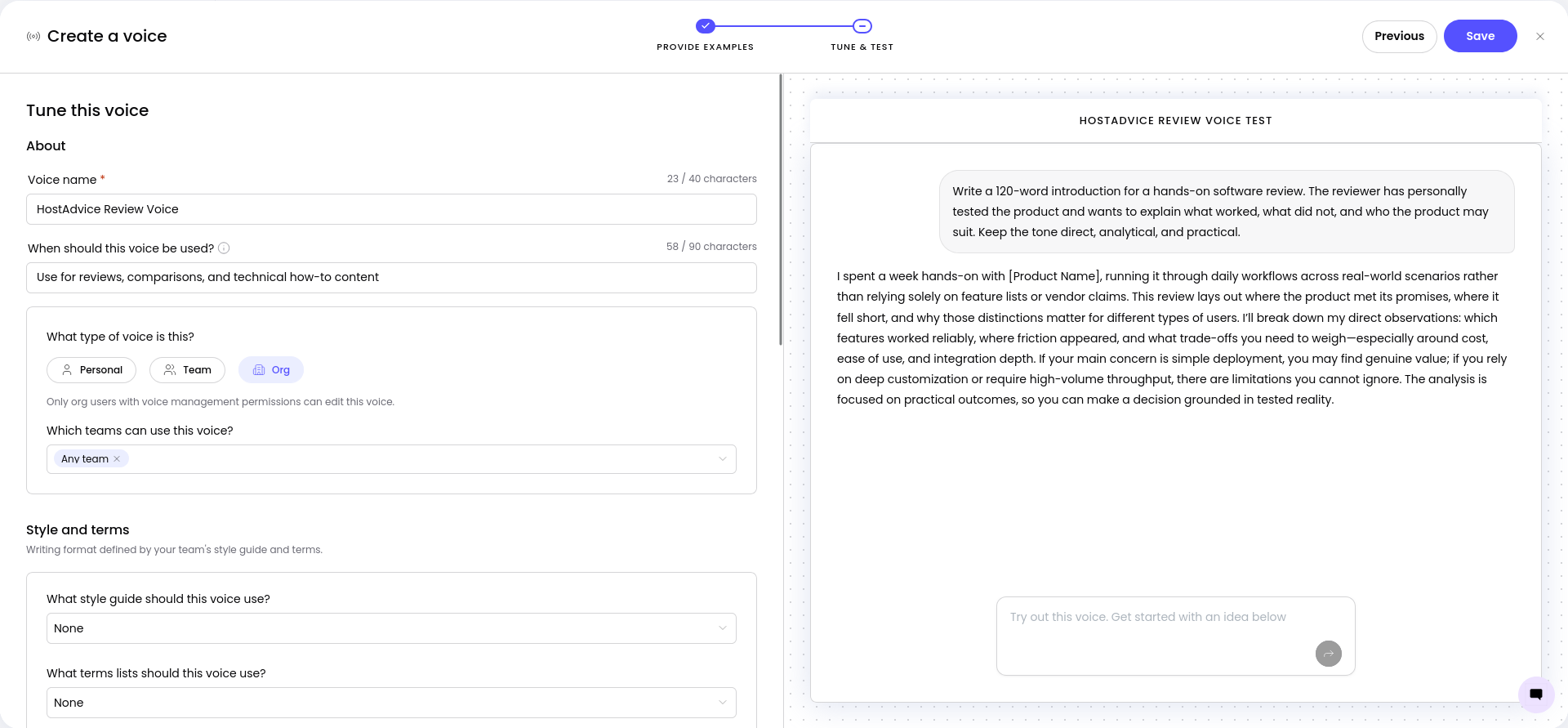 WRITER baseline Voice test used before starting the scored brand-consistency tasks.