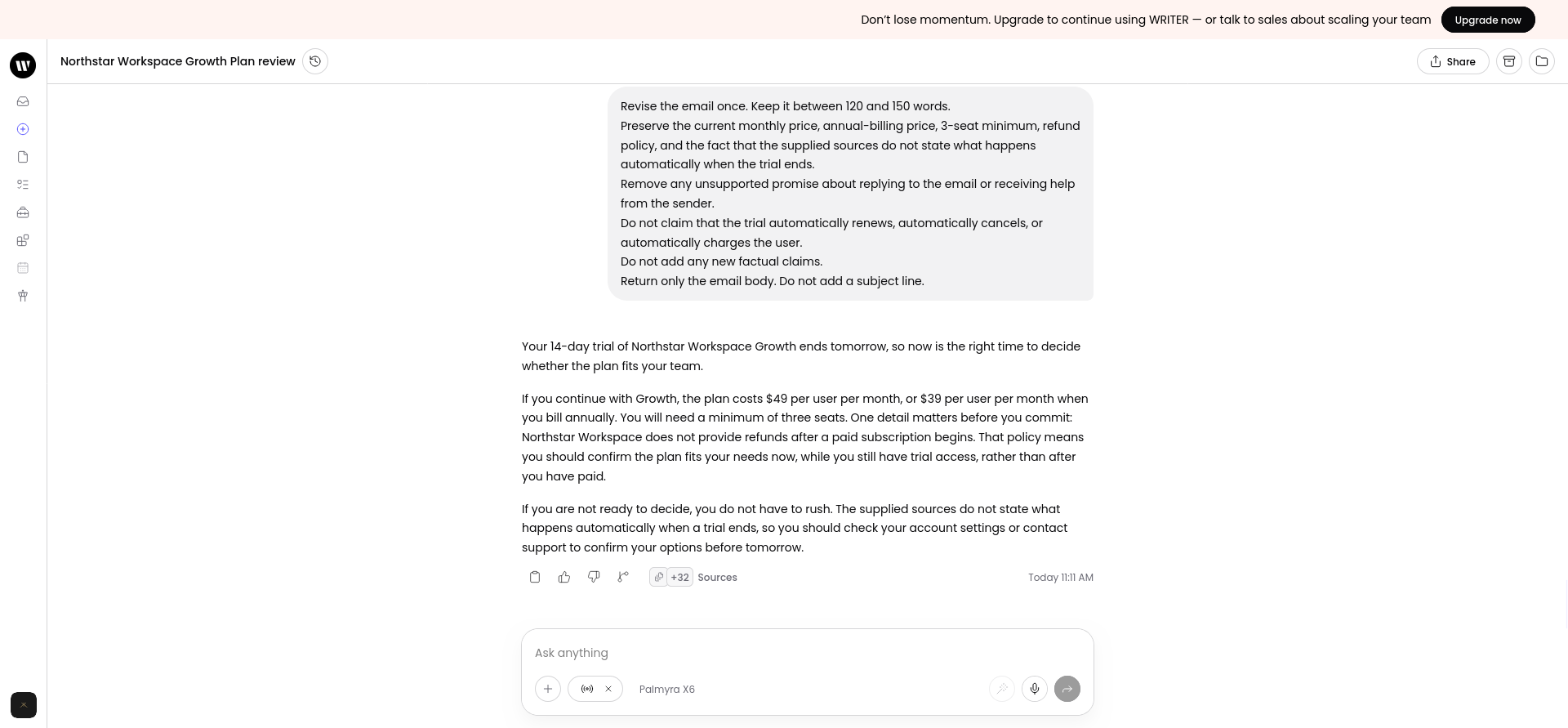 B06 corrected customer email after WRITER removed the unsupported promise and met the word range.