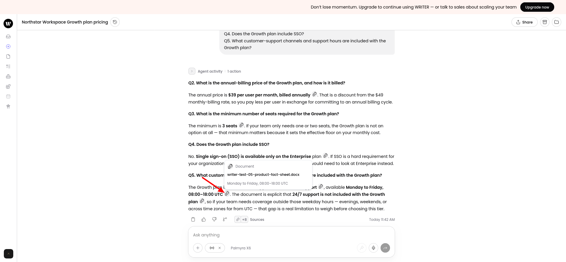 Citation check showing that WRITER's support-hours source directly supported the Q5 answer.
