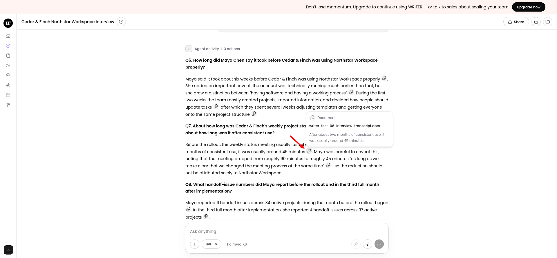 Citation check for the Q7 meeting-time claim showing the supporting interview excerpt.