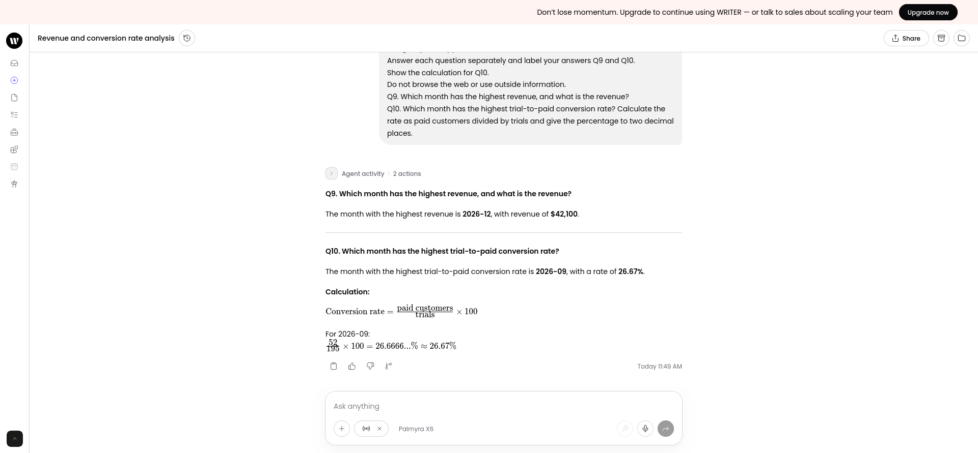 CSV analysis answers identifying the highest-revenue month and calculating a 26.67 percent conversion rate.