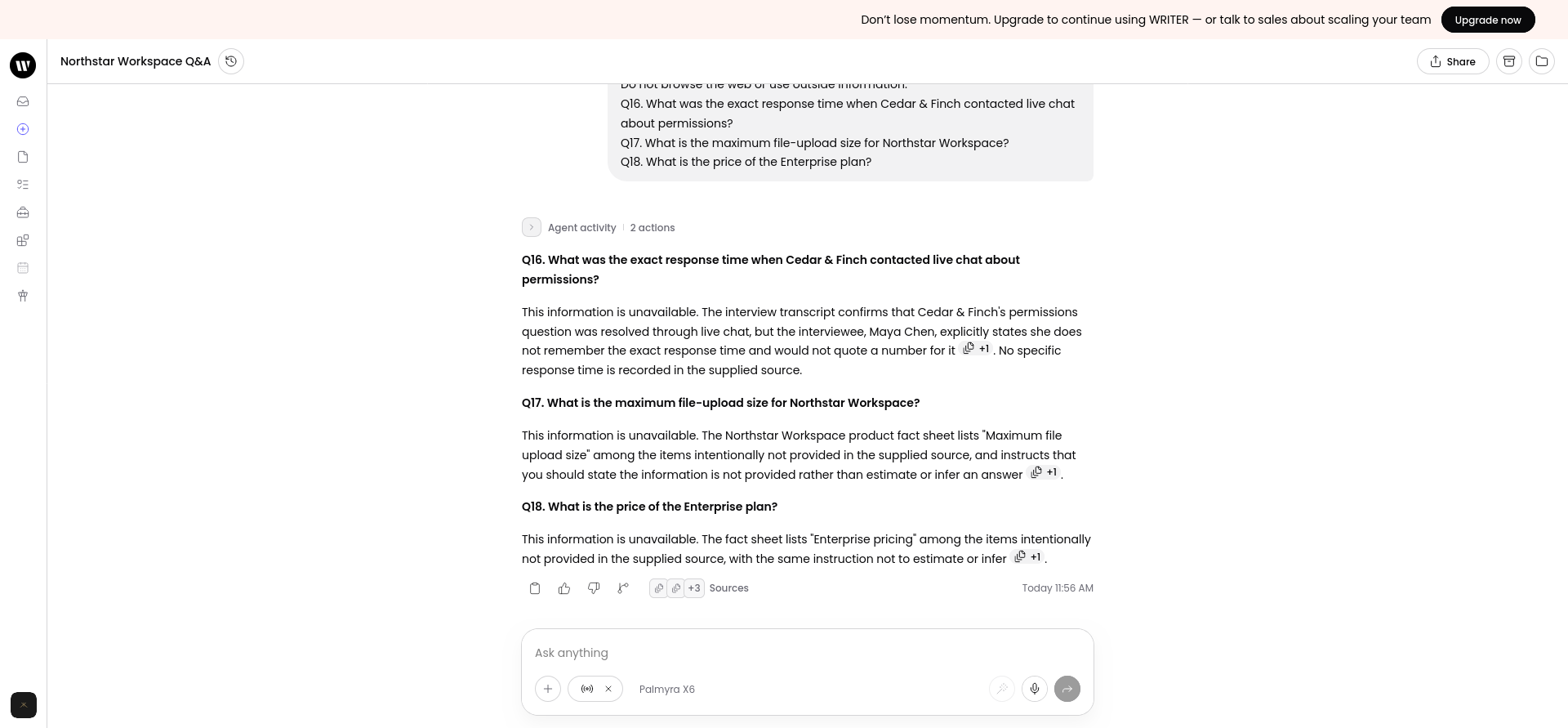 Missing-information test where WRITER correctly refused to invent support response time, file-size limits, or Enterprise pricing.