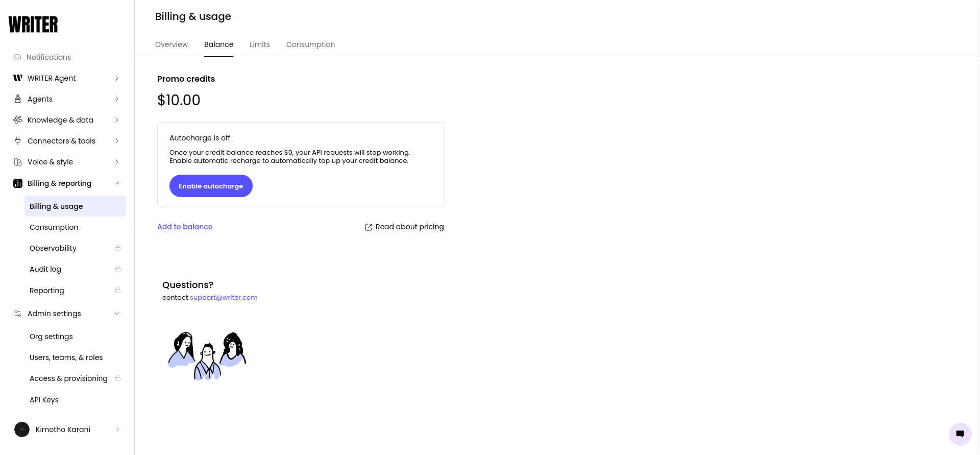 WRITER Billing and usage balance showing the promotional credit balance and autocharge setting.