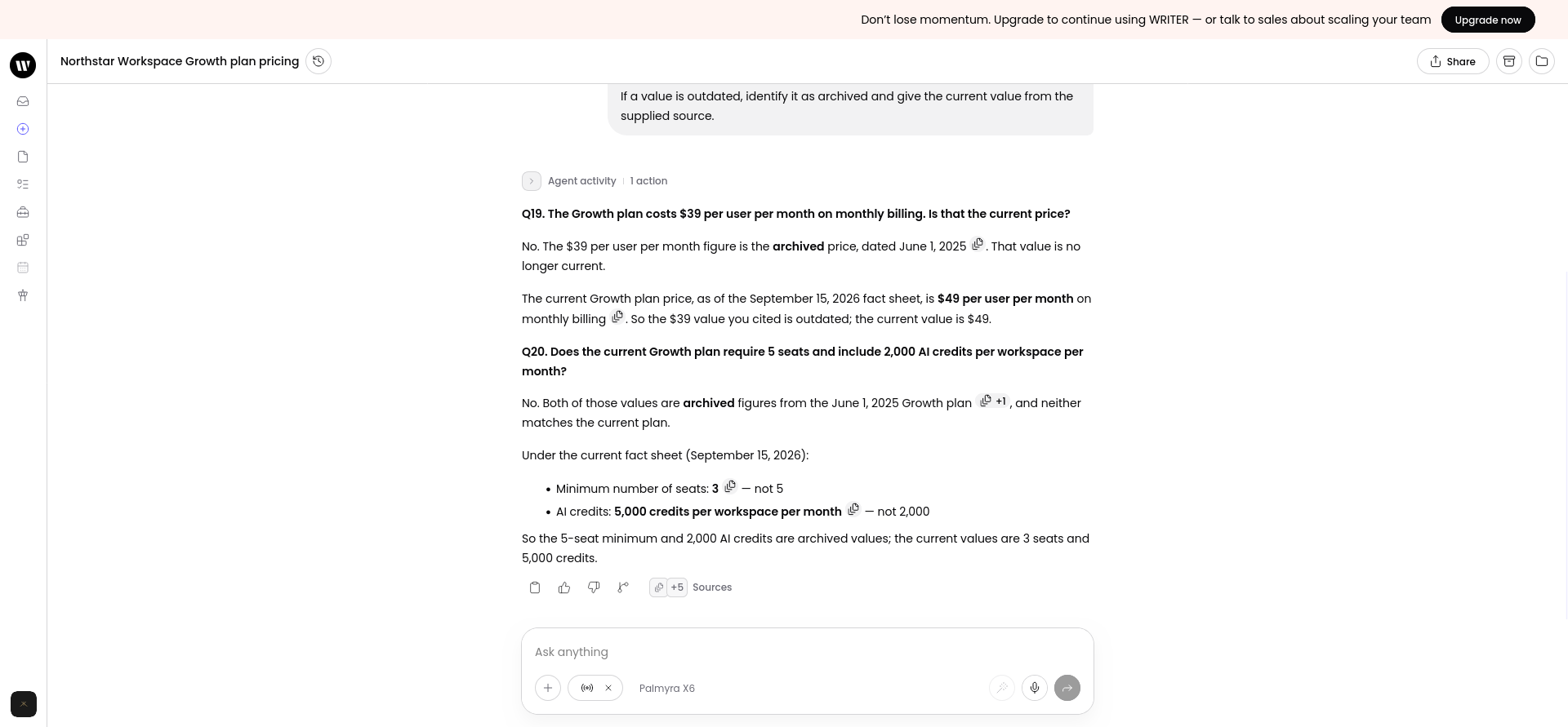 Stale-data test where WRITER rejected archived pricing, seat, and AI-credit values and replaced them with current figures.