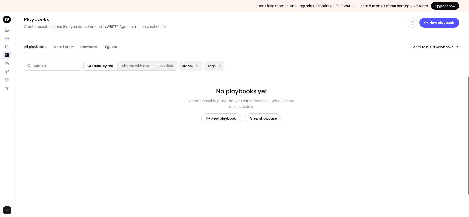 Empty WRITER Playbooks page in the new Starter workspace before creating the first Playbook.
