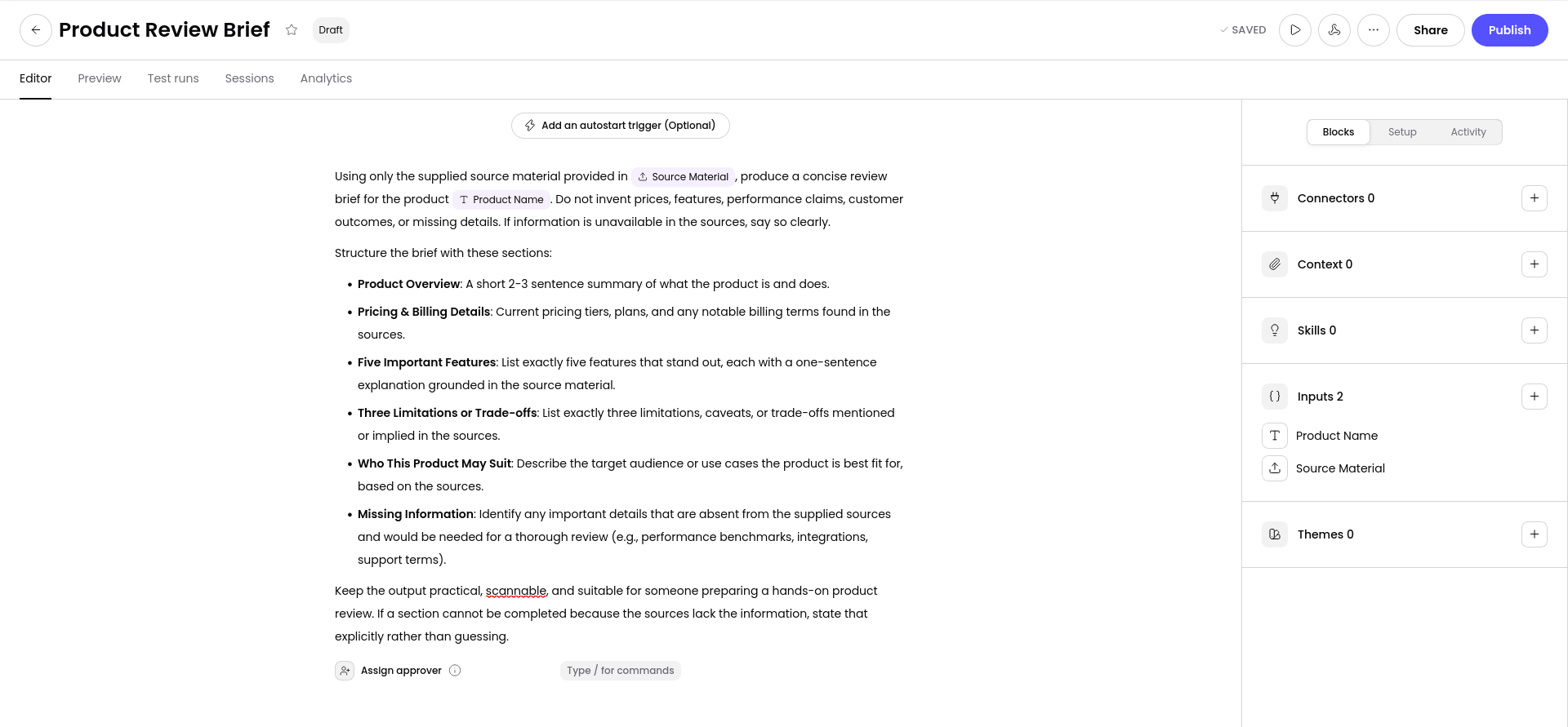 Automatically generated Product Review Brief Playbook with Product Name and Source Material inputs.
