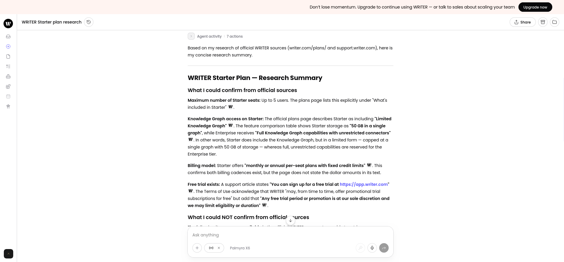 WRITER official-source web research result showing confirmed Starter details and information it failed to retrieve.