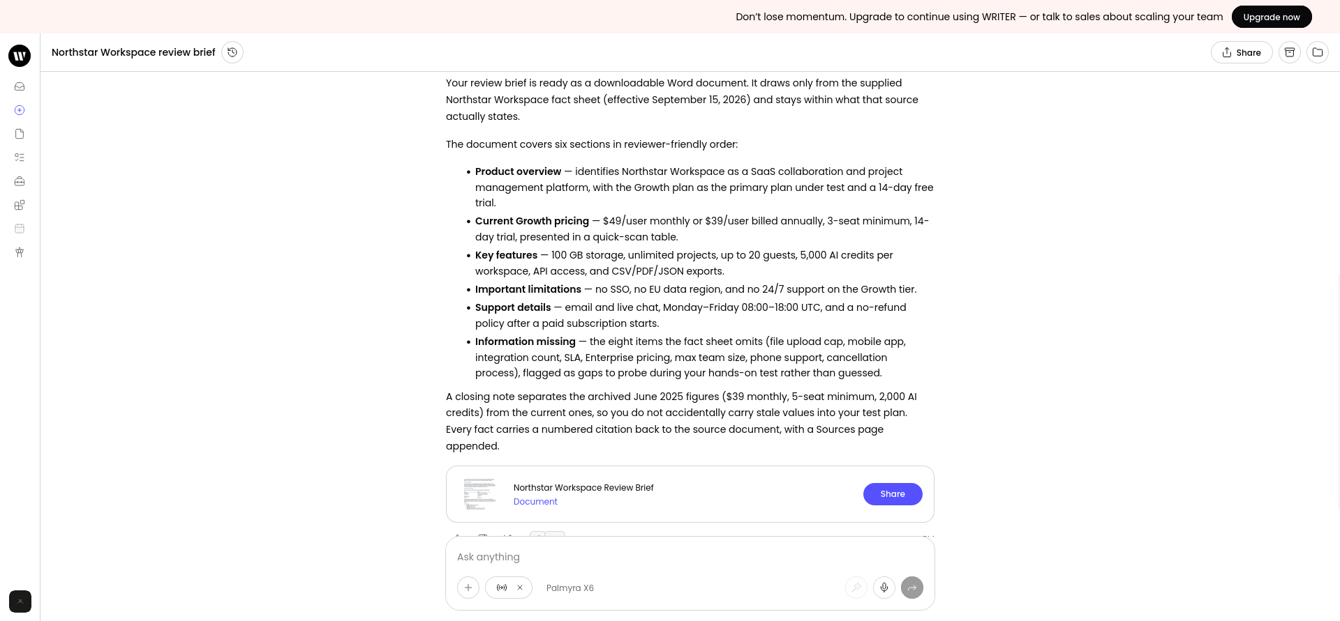 WRITER file-generation result confirming creation of a downloadable Word review brief.
