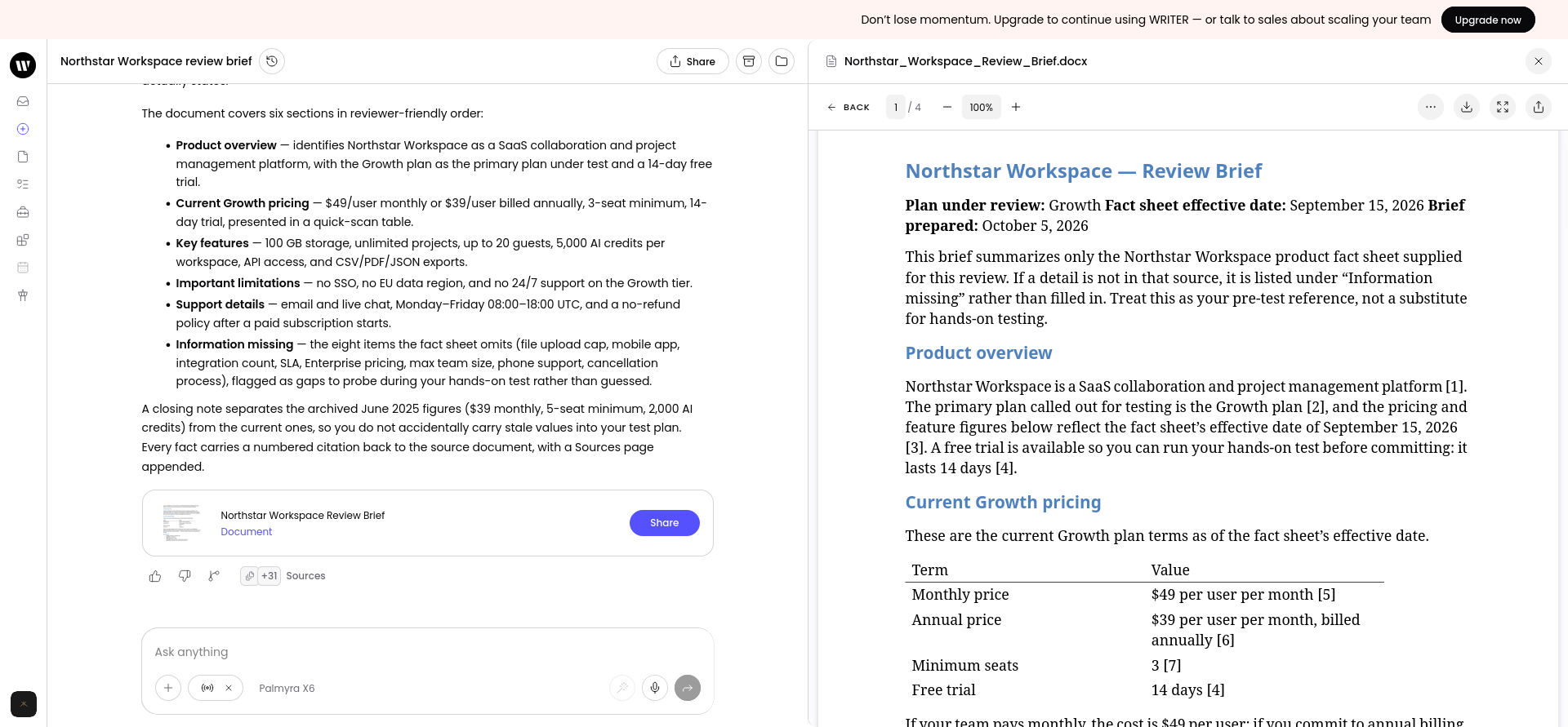 Generated Word review brief showing structured sections, pricing, limitations, and numbered references.