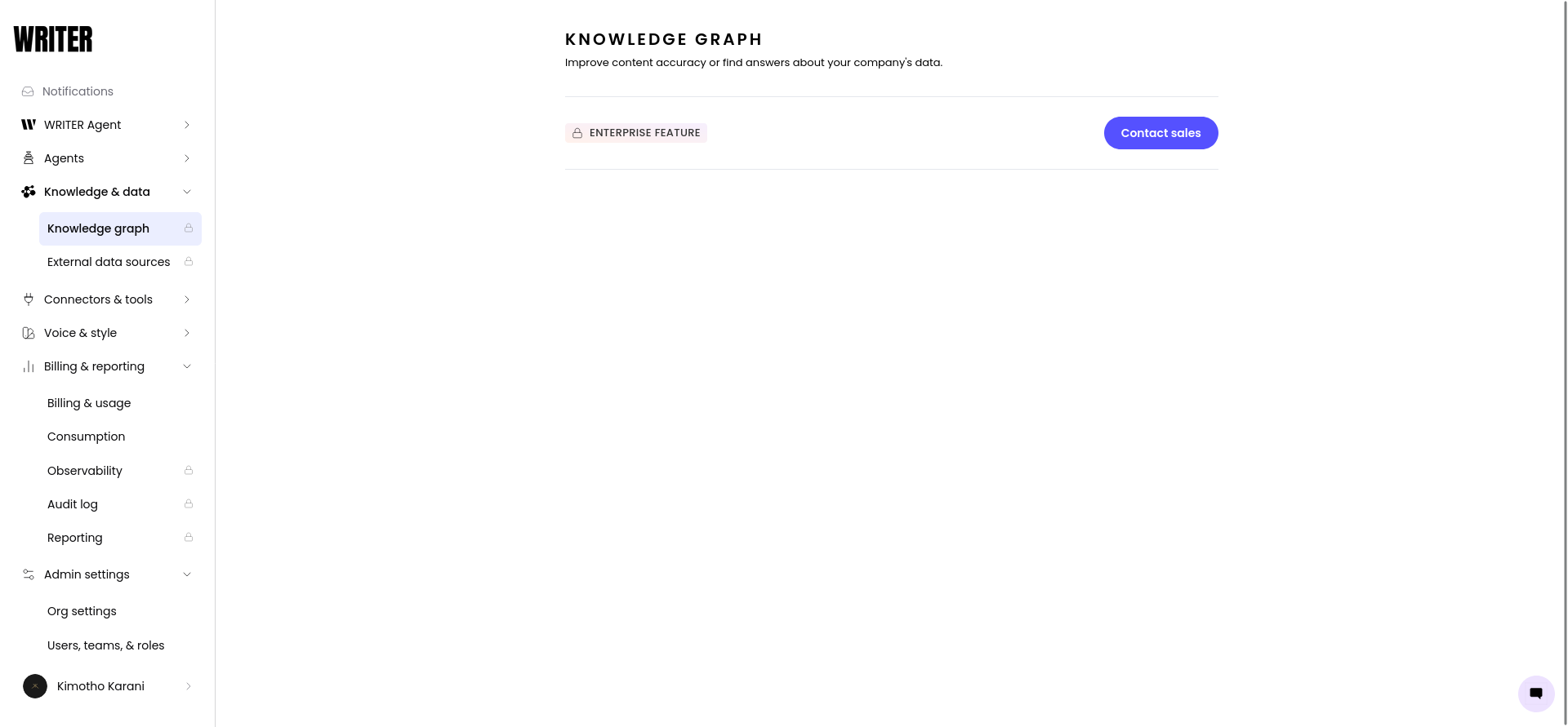 WRITER Knowledge Graph page labeled as an Enterprise feature inside the Starter trial workspace.