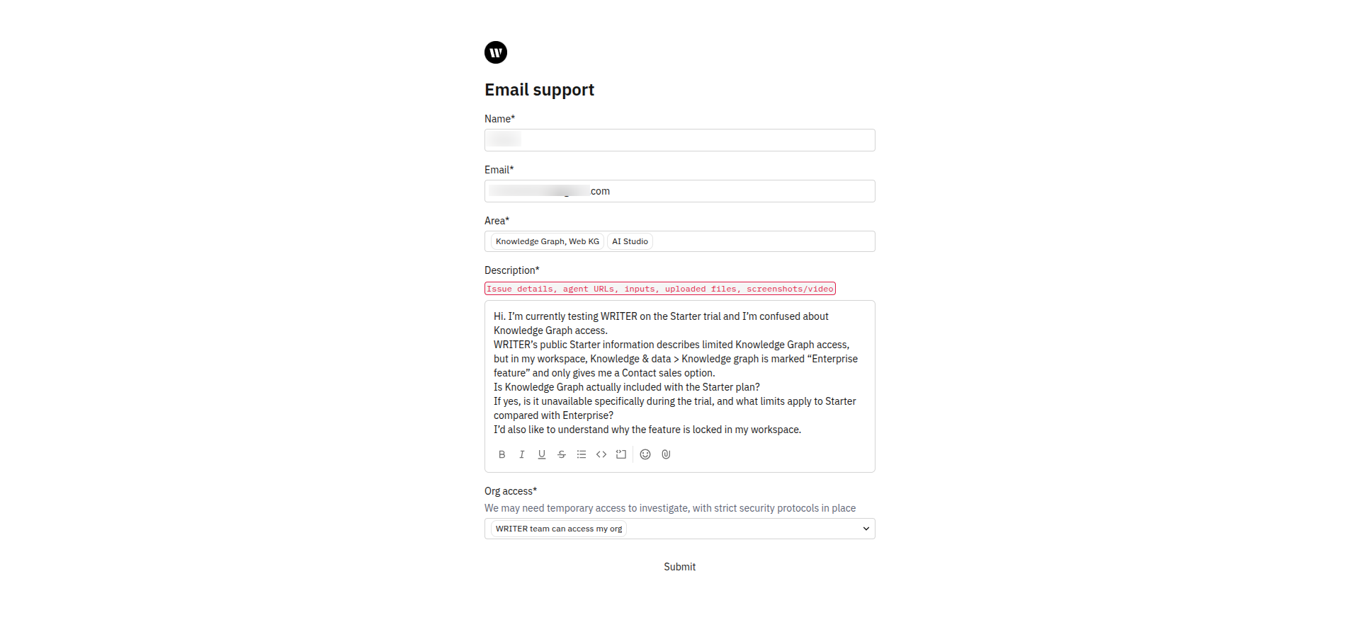 WRITER support ticket form used to submit the Knowledge Graph access question from the Starter workspace.