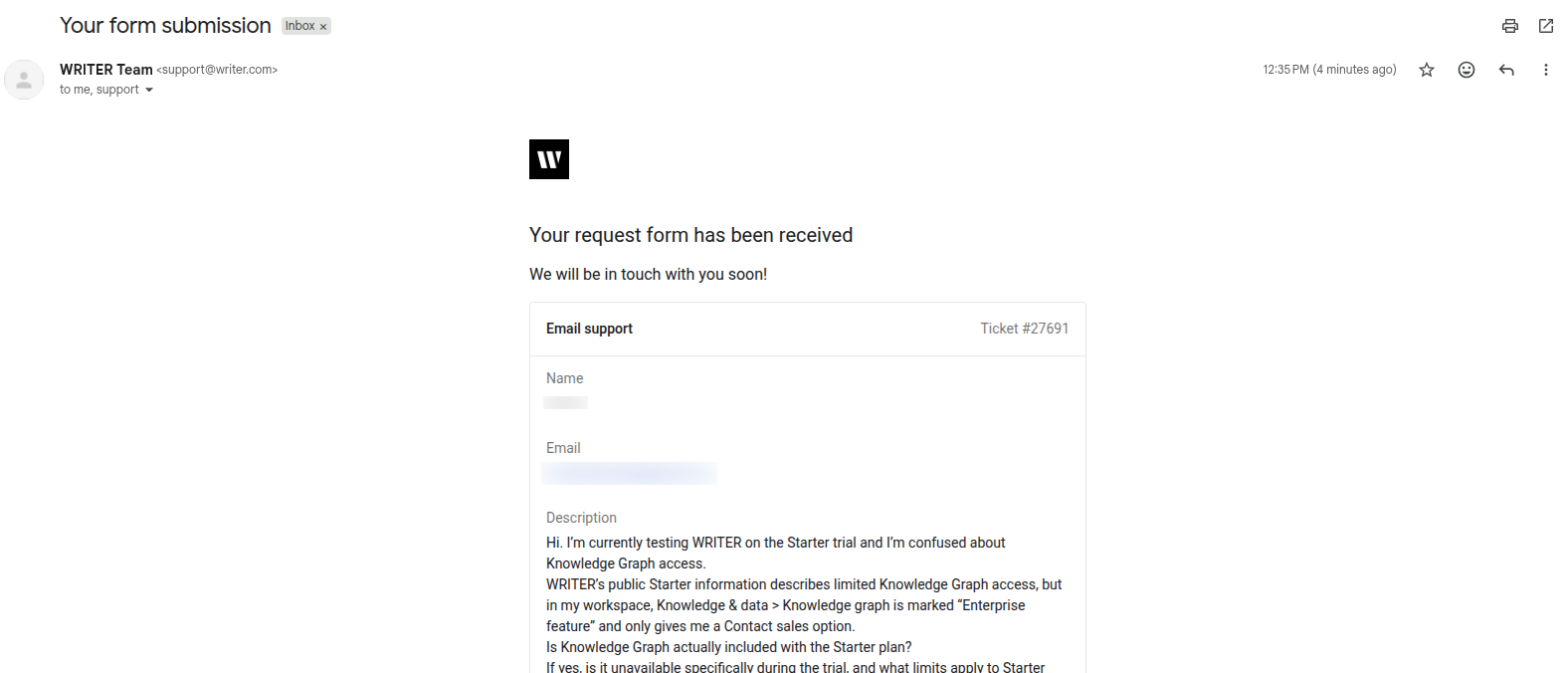 WRITER support email confirming receipt of the Knowledge Graph access ticket.