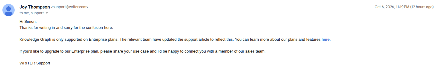 WRITER support reply from Joy Thompson confirming that Knowledge Graph is Enterprise-only and that the conflicting support article had been updated.