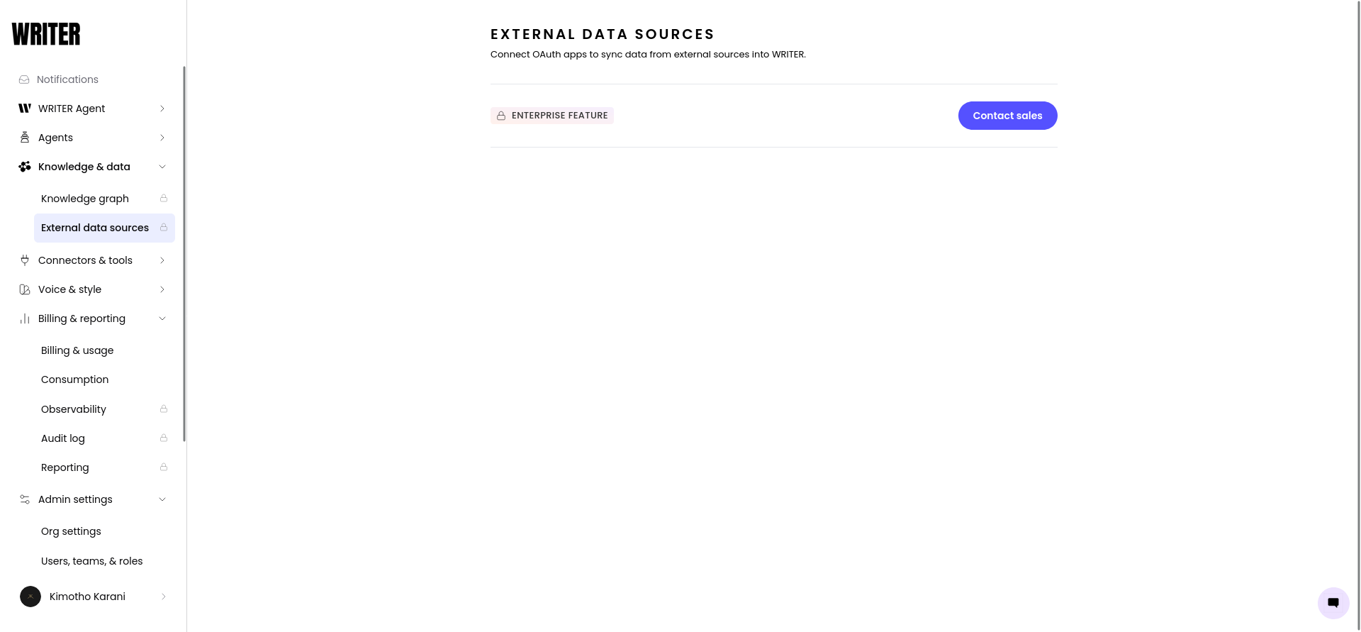 WRITER external data sources page shown as locked in the Starter trial workspace.