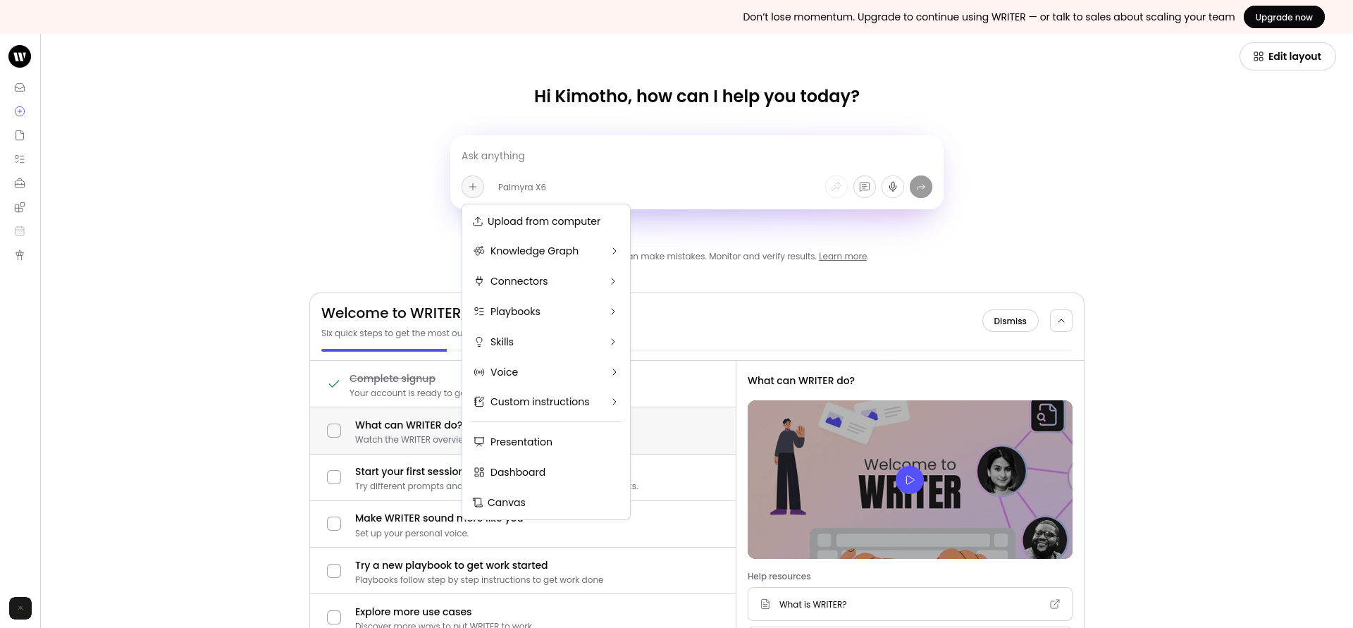WRITER Agent Add menu showing the options available for adding sources and capabilities.