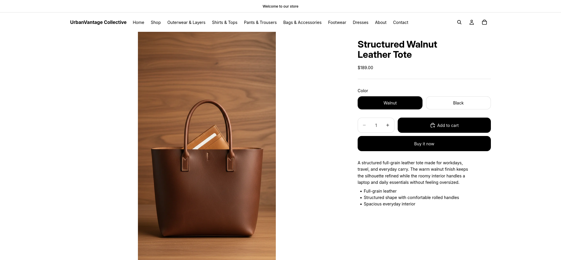 UrbanVantage Collective Shopify product page for the $189 Structured Walnut Leather Tote used as the factual source in my Zeely AI tests.