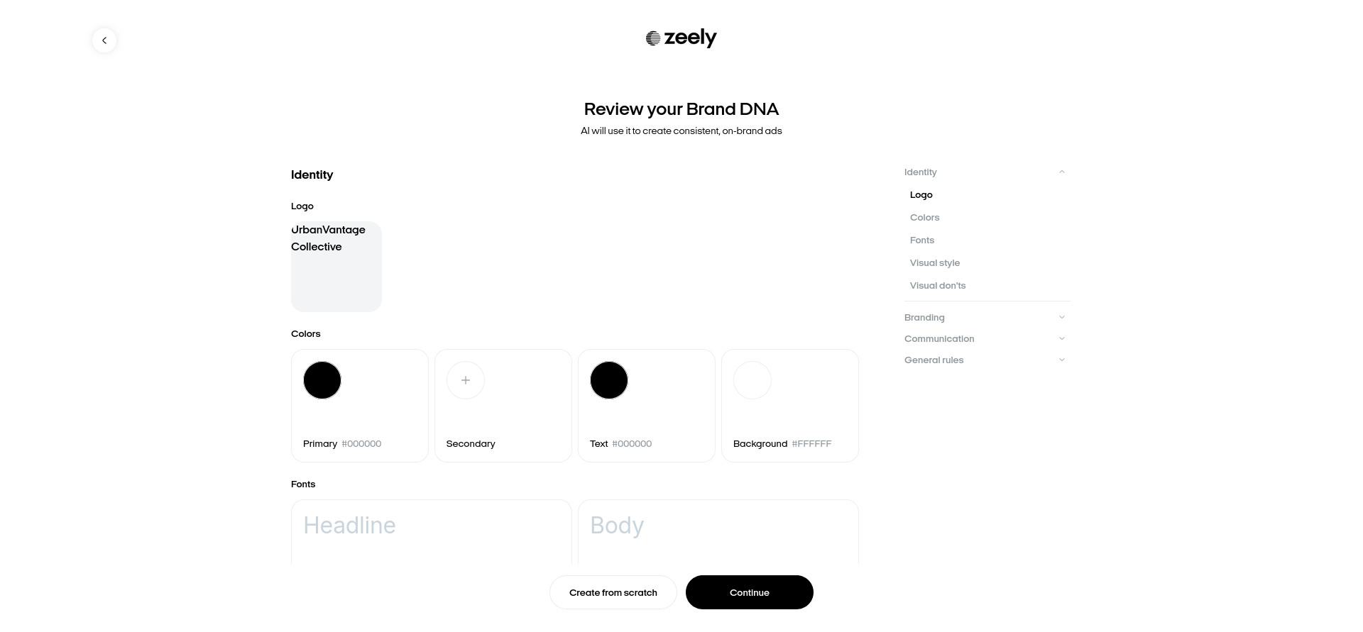 Zeely AI Brand DNA automatically generated after I imported the UrbanVantage Collective Shopify product.