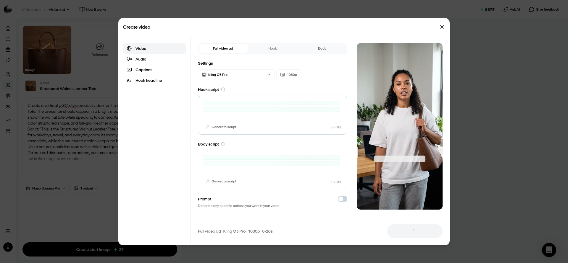 Zeely AI full-video generation settings for the 15-second tote test using Kling O3 Pro at 1080p.