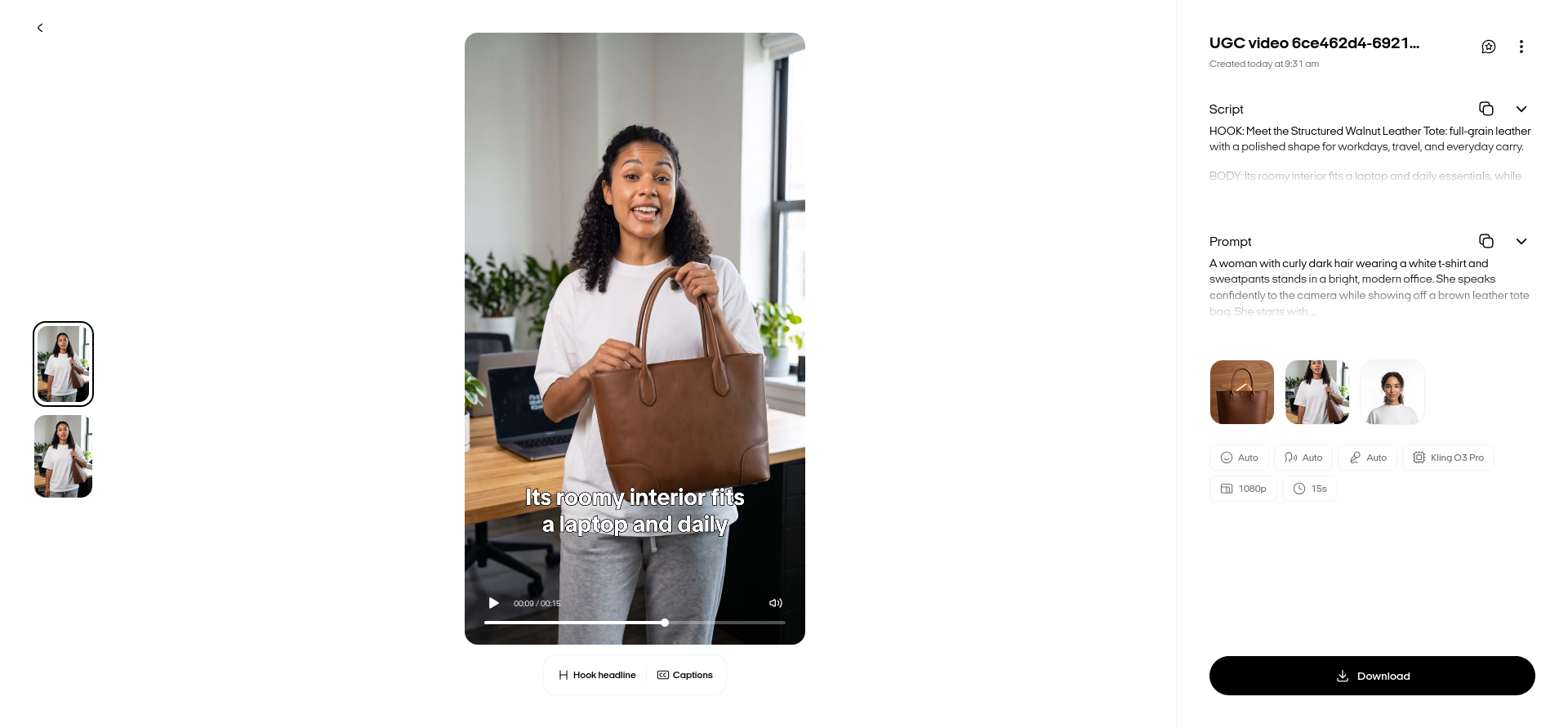 Completed Zeely AI 15-second UGC video result generated with Kling O3 Pro for the Structured Walnut Leather Tote.