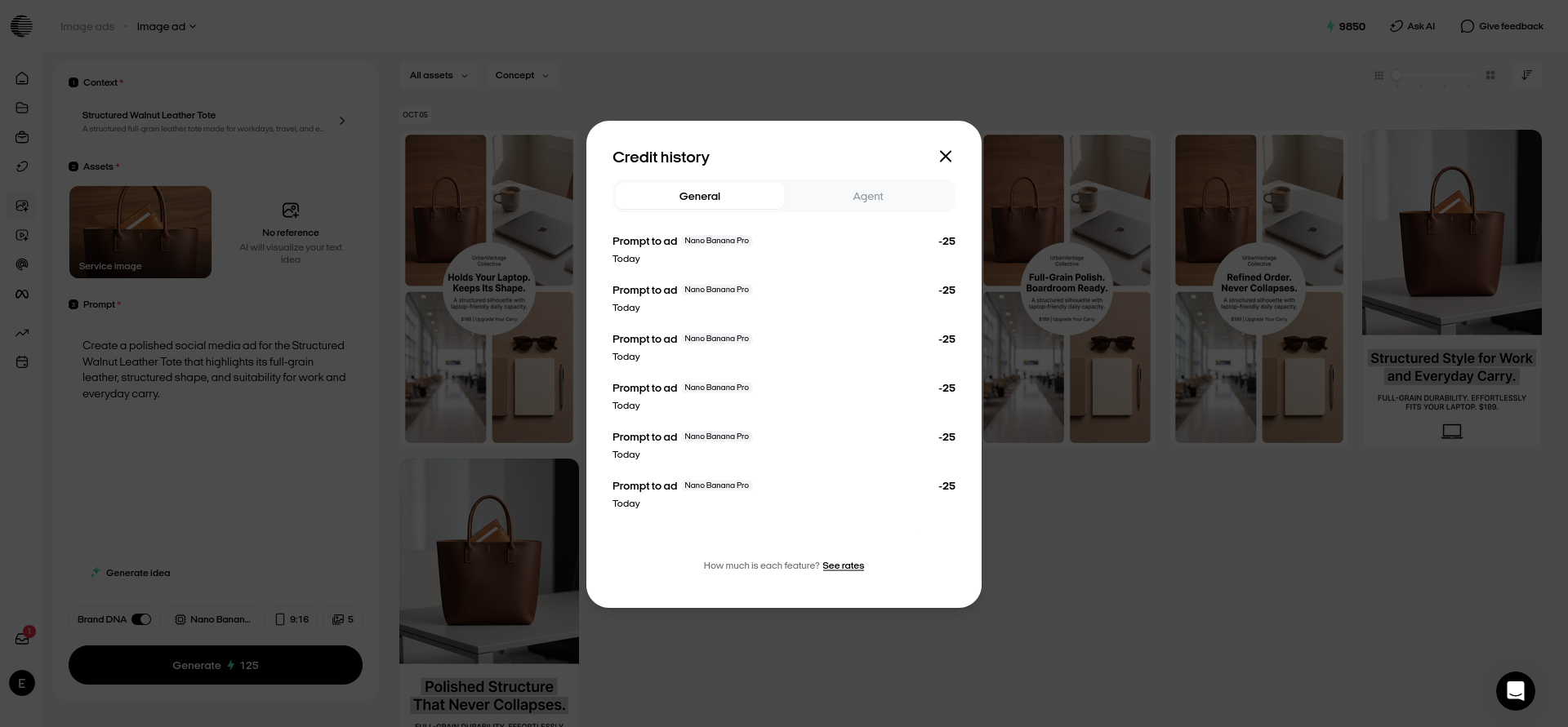 Zeely AI credit history showing separate 25-credit Nano Banana Pro charges from my static-ad generations.